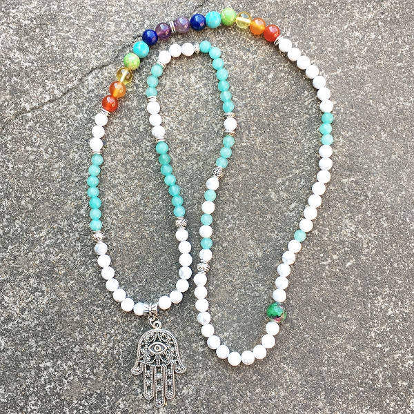 chakra mala 108 bead necklace with hamsa hand charm