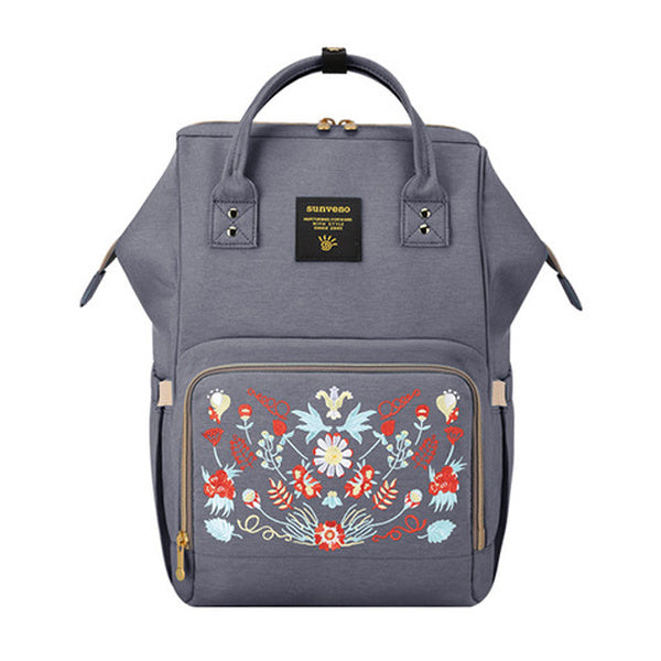 backpack diaper bag - gray embroidered