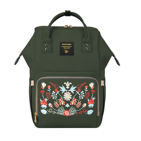 backpack diaper bag - green embroidered